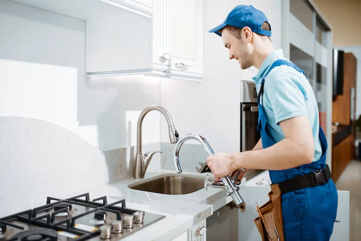 Rørlegger med verktøyveske reparerer vask og sanitærutstyr i hjemmet